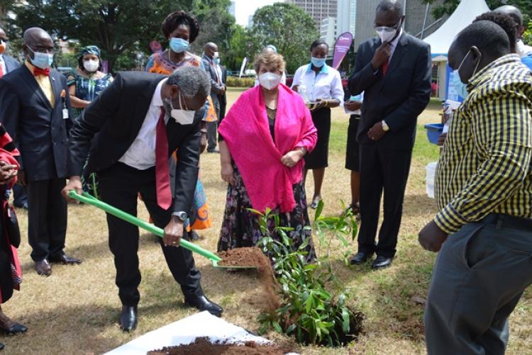 VC Prof. Stephen Kiama plants a tree at the UoNat50 celebrations 