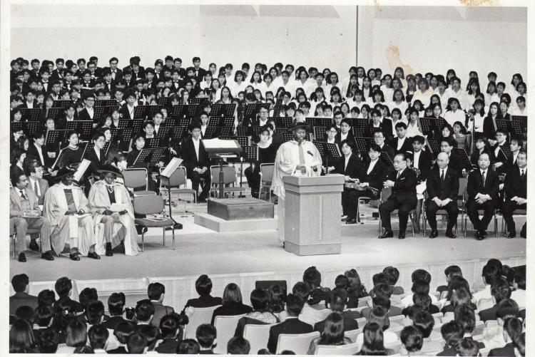 Former V.C Prof.Gichaga addresses university students & staffs at SOKA in Japan 1993