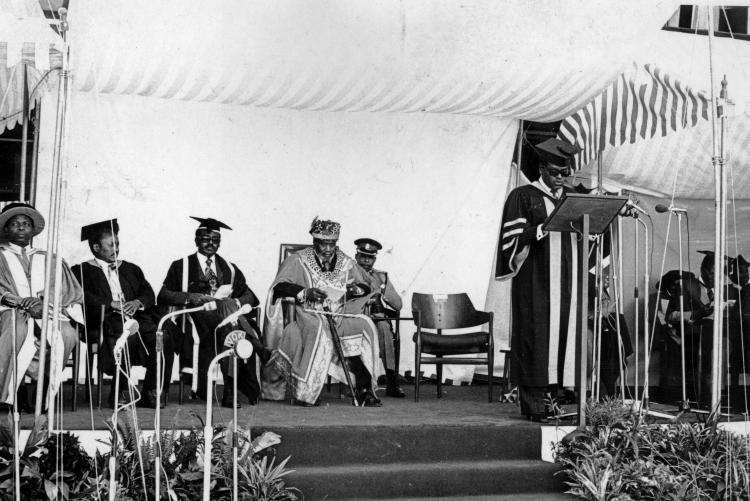Late President Mzee Kenyatta(4th left)during a UoN graduation ceremony 1976