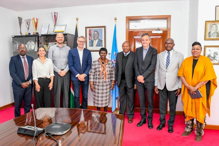 The Vice Chancellor, Prof Margaret Hutchinson, DVC FPD, Prof Jackson Maalu take a group photo with DTU delegation and UoN staff.
