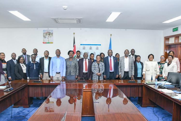 Members of the University of Nairobi delegation, led by Chair of Council, Prof Chacha Nyaigotti Chacha, pose for a group photo with officials from the Ministry of Education after the successful conclusion of the 2026/2027 Performance Contract negotiations