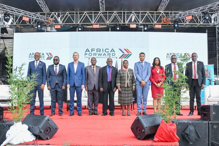 H.E. Arnaud Suquet, Ambassador of France to Kenya and Somalia, together with government officials, university leaders, development partners and innovators during the Africa Forward Youth Innovation Day at the University of Nairobi.