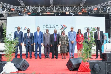 H.E. Arnaud Suquet, Ambassador of France to Kenya and Somalia, together with government officials, university leaders, development partners and innovators during the Africa Forward Youth Innovation Day at the University of Nairobi.