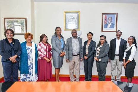 Prof Josiah Aduda (centre) with representatives from Equity Bank Kenya Ltd and the Africa Women Studies Centre following discussions on strengthening partnerships to empower youth and women through innovation and entrepreneurship.