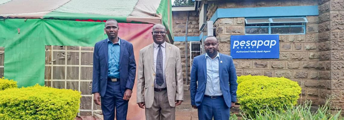 Prof. Josiah Aduda, DVC (Finance, Planning and Development), poses for a group photo with the leadership of Chuna DT Sacco Society Ltd following a courtesy visit.