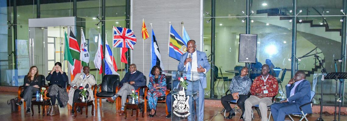 The DVC, Finance, Planning and Development, Prof Josiah Aduda, gives his remarks during the closing ceremony of the GETM4 International Sandpit at the University of Nairobi.