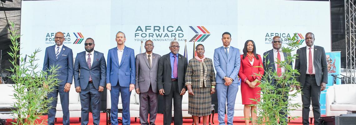 H.E. Arnaud Suquet, Ambassador of France to Kenya and Somalia, together with government officials, university leaders, development partners and innovators during the Africa Forward Youth Innovation Day at the University of Nairobi.