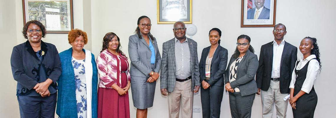 Prof Josiah Aduda (centre) with representatives from Equity Bank Kenya Ltd and the Africa Women Studies Centre following discussions on strengthening partnerships to empower youth and women through innovation and entrepreneurship.