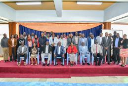 Participants of the Risk Management Workshop, take a group photo with management led by the Vice-Chancellor, Eng. Prof Ayub Gitau and the DVC, Finance Planning and Development, Prof Josiah Aduda during the Risk Management Workshop.