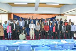 Deputy Vice-Chancellor for Finance, Planning and Development, Prof. Josiah Aduda, poses for a group photo with representatives of the University's Income Generating Units (IGUs) after the financial sustainability workshop