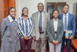 The Deputy Vice-Chancellor for Finance, Planning and Development, Prof Josiah Aduda, with UNSA leaders during the courtesy call to his office.